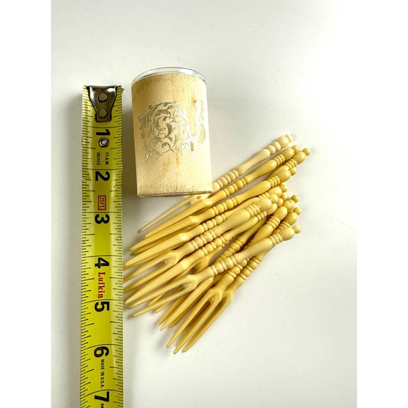 Vintage Cocktail Picks Psuedo Ivory Plastic Appetizer Forks Holder Set - Picture 5 of 8